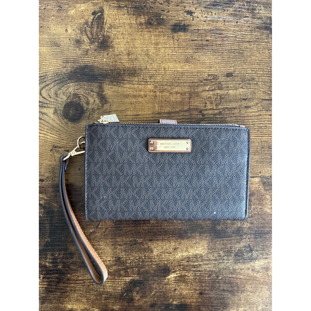 Michael Kors Adele Wristlet OS Brown Logo Print Double Zip Wallet‎ Phone Case